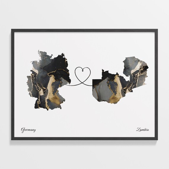 Germany Zambia Black Gold Marble Map Art Heart Connection Poster