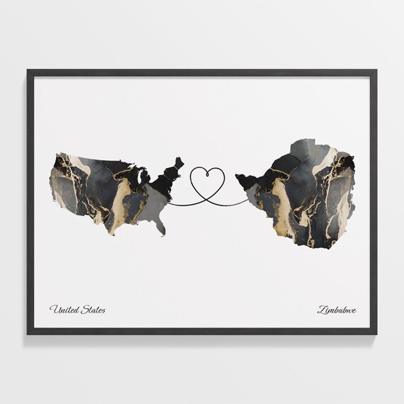 United States and Zimbabwe Black Gold Marble Heart Connection Map Poster