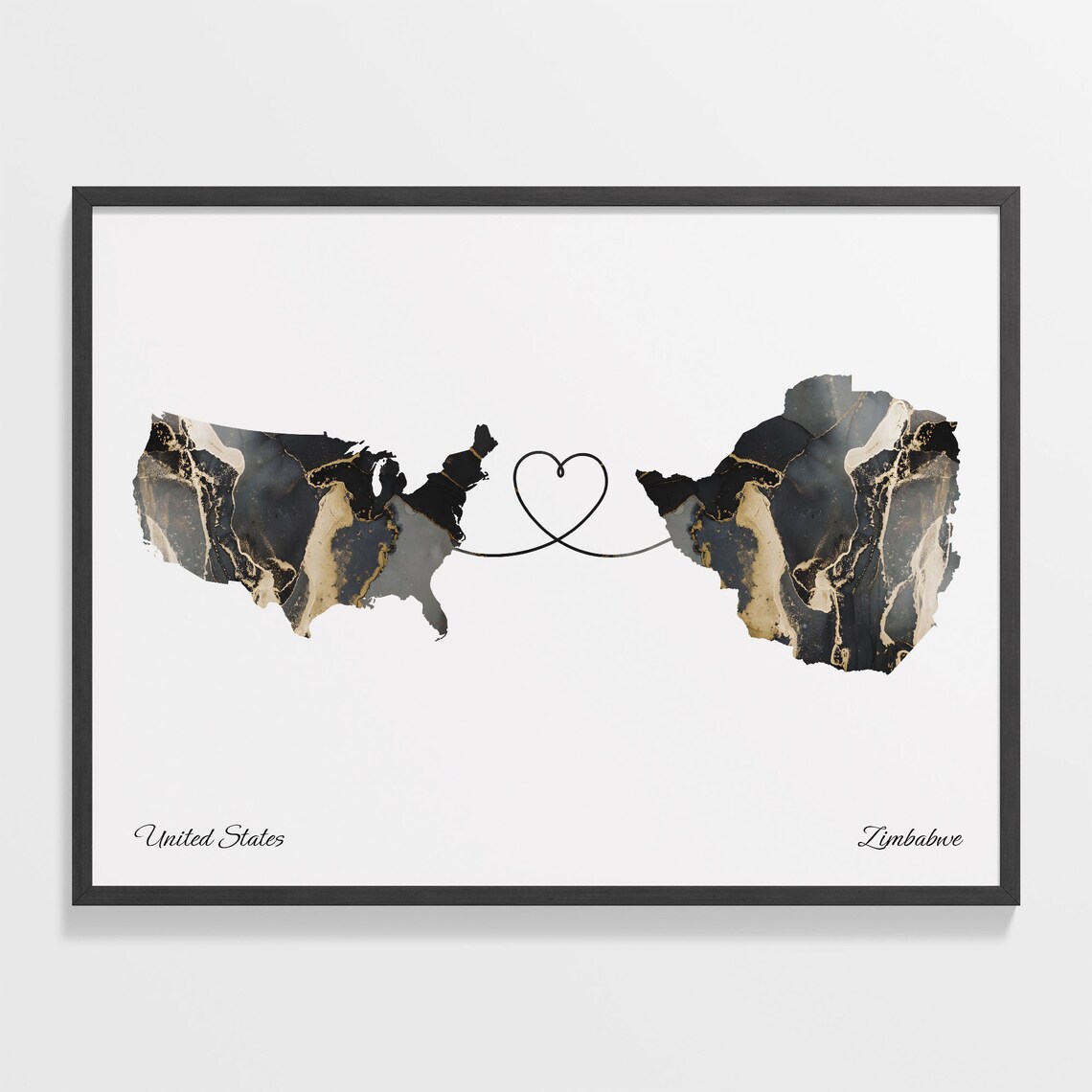 United States and Zimbabwe Black Gold Marble Heart Connection Map Poster