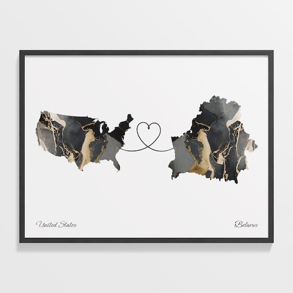 United States Belarus Love Heart Marble Map Long Distance Poster