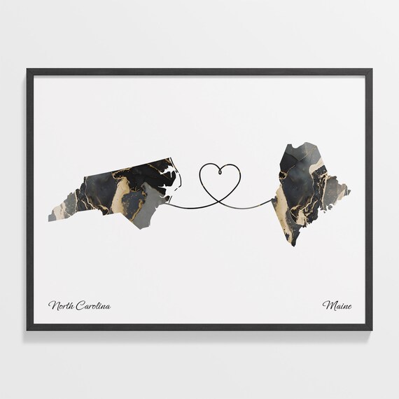 North Carolina Maine Long Distance Black Gold Marble Heart Map Poster