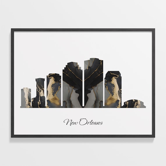 New Orleans Louisiana Black Gold Marble Skyline Silhouette Art Poster