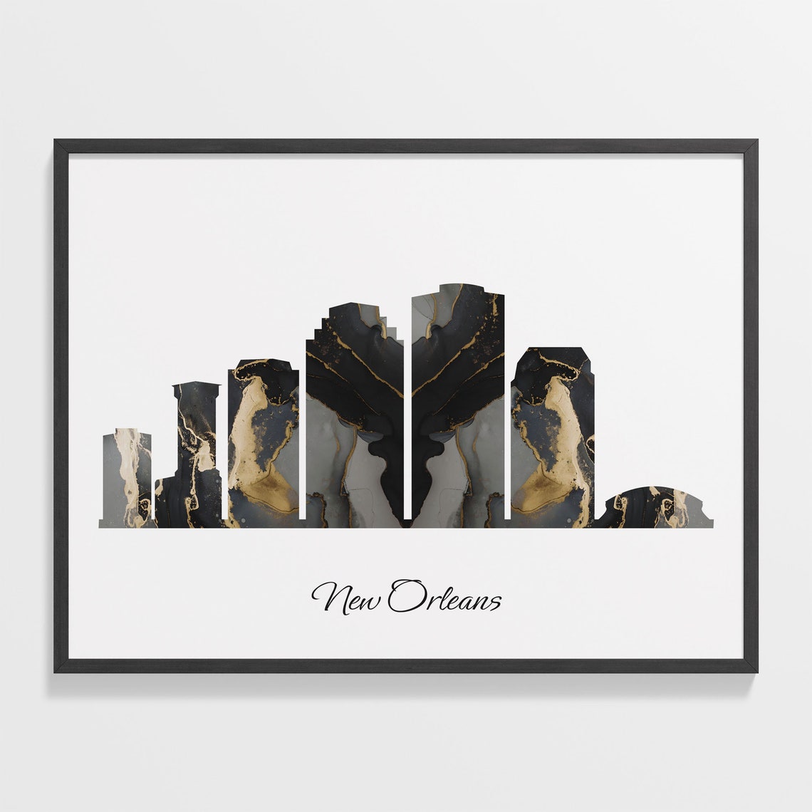 New Orleans Louisiana Black Gold Marble Skyline Silhouette Art Poster