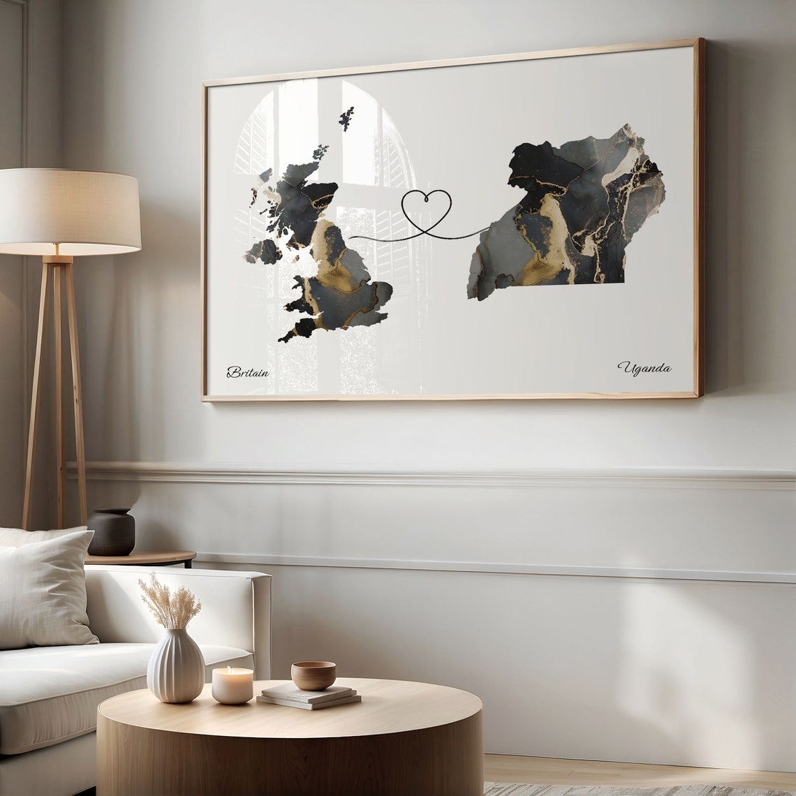 Britain Uganda Black Gold Marble Map Art Heart Connection Poster - Image 2