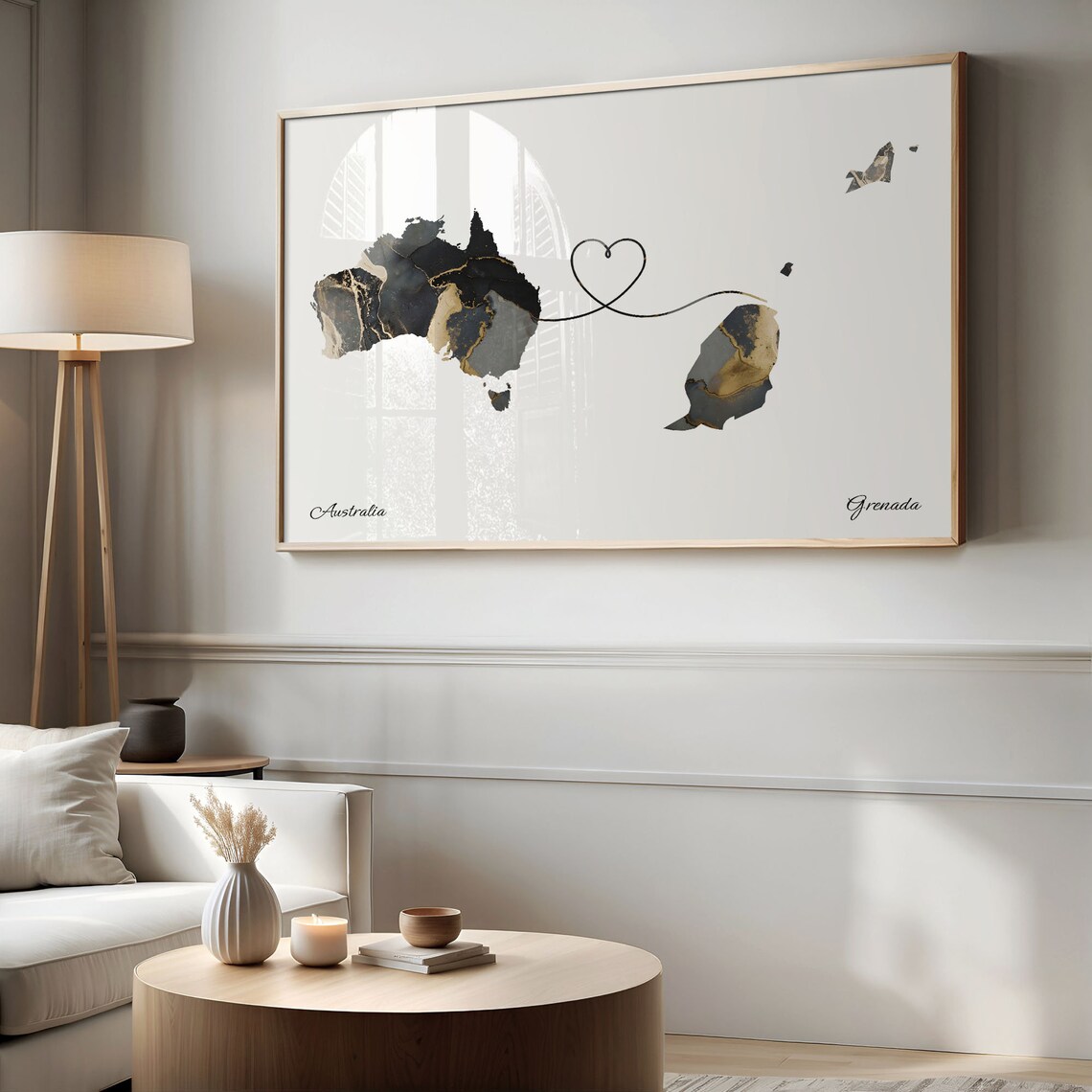 Australia To Grenada Marble Heart Map Two Country Long Distance Gift Poster - Image 2
