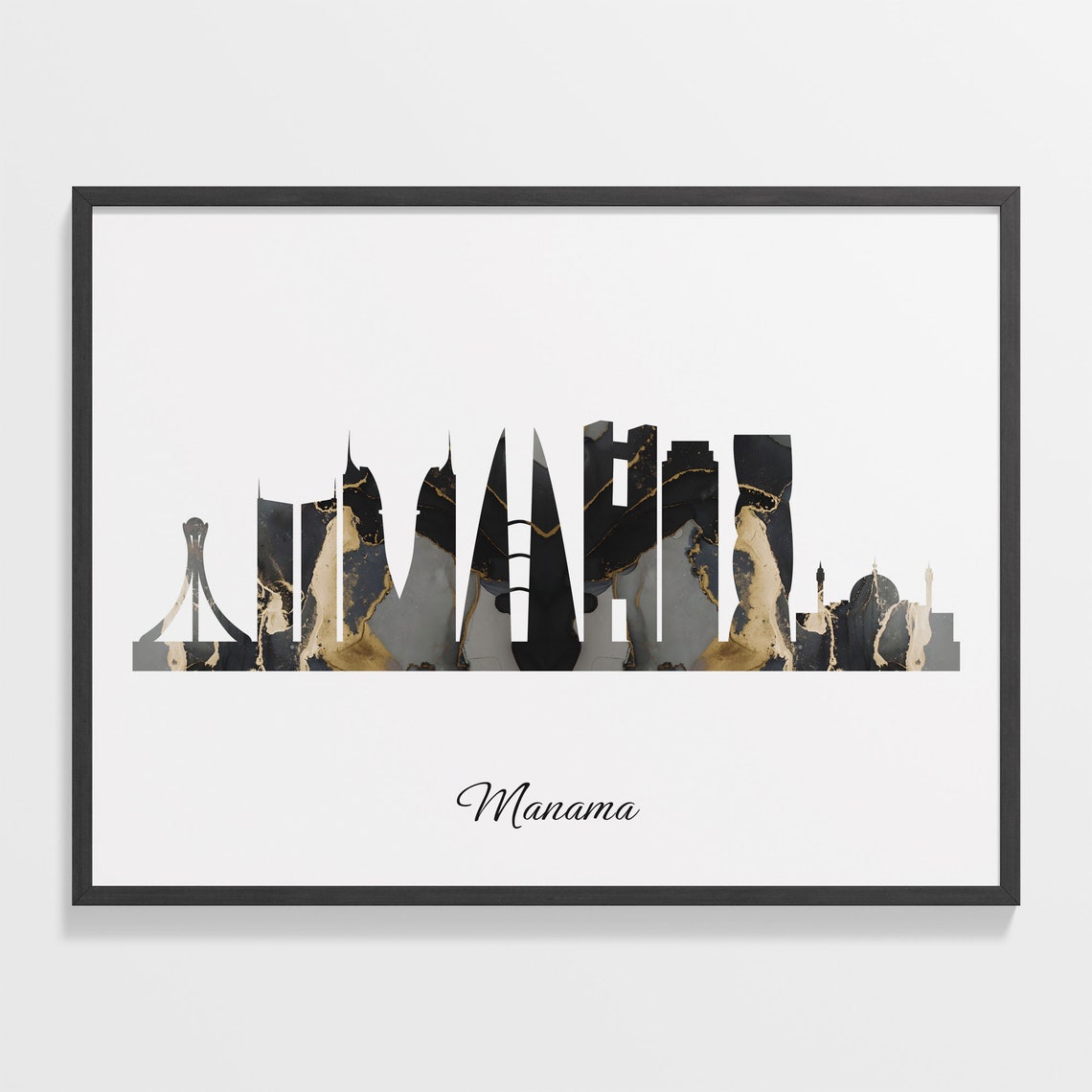 Manama Bahrain Black and Gold Marble Skyline Silhouette Art Poster