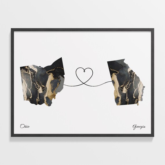 Ohio to Georgia Heart Connection Marble Map Keepsake Gift Poster