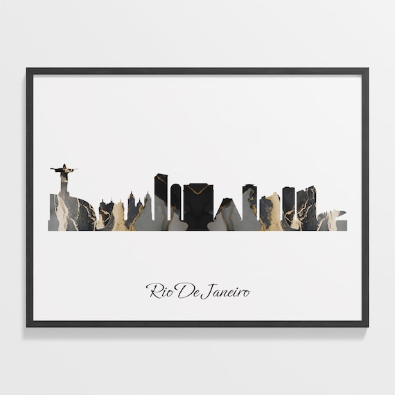 Rio De Janeiro Skyline Black and Gold Marble Cityscape Art Poster