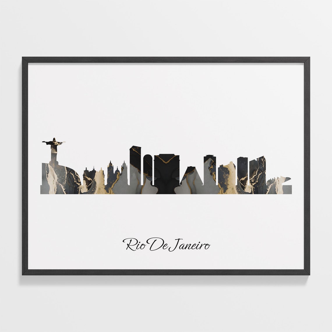 Rio De Janeiro Skyline Black and Gold Marble Cityscape Art Poster