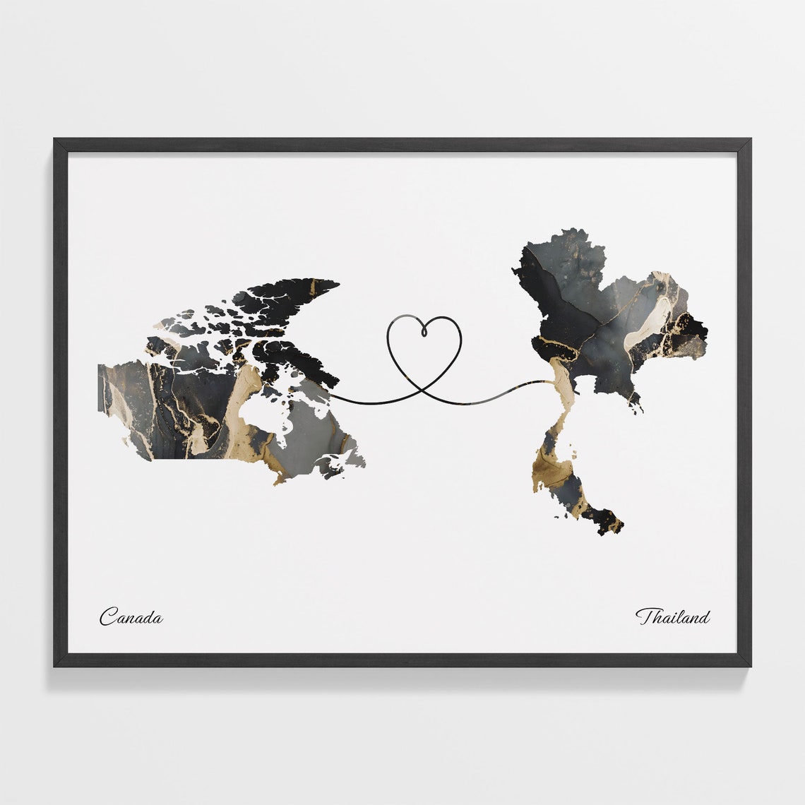 Canada To Thailand Black Gold Marble Long Distance Heart Map Poster