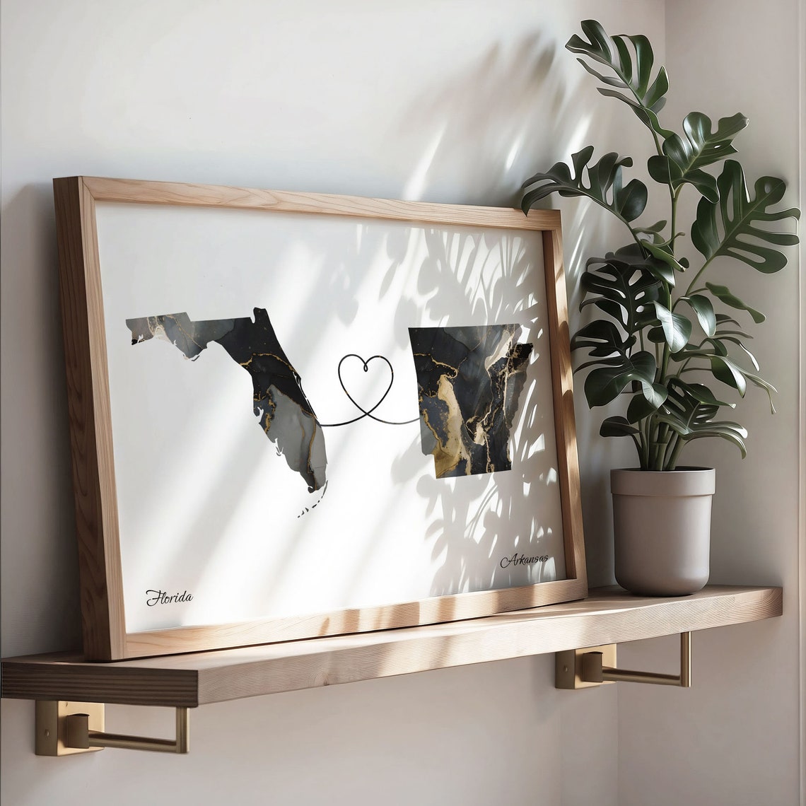 Florida To Arkansas Heart Connected Black Marble State Map Poster - Image 3