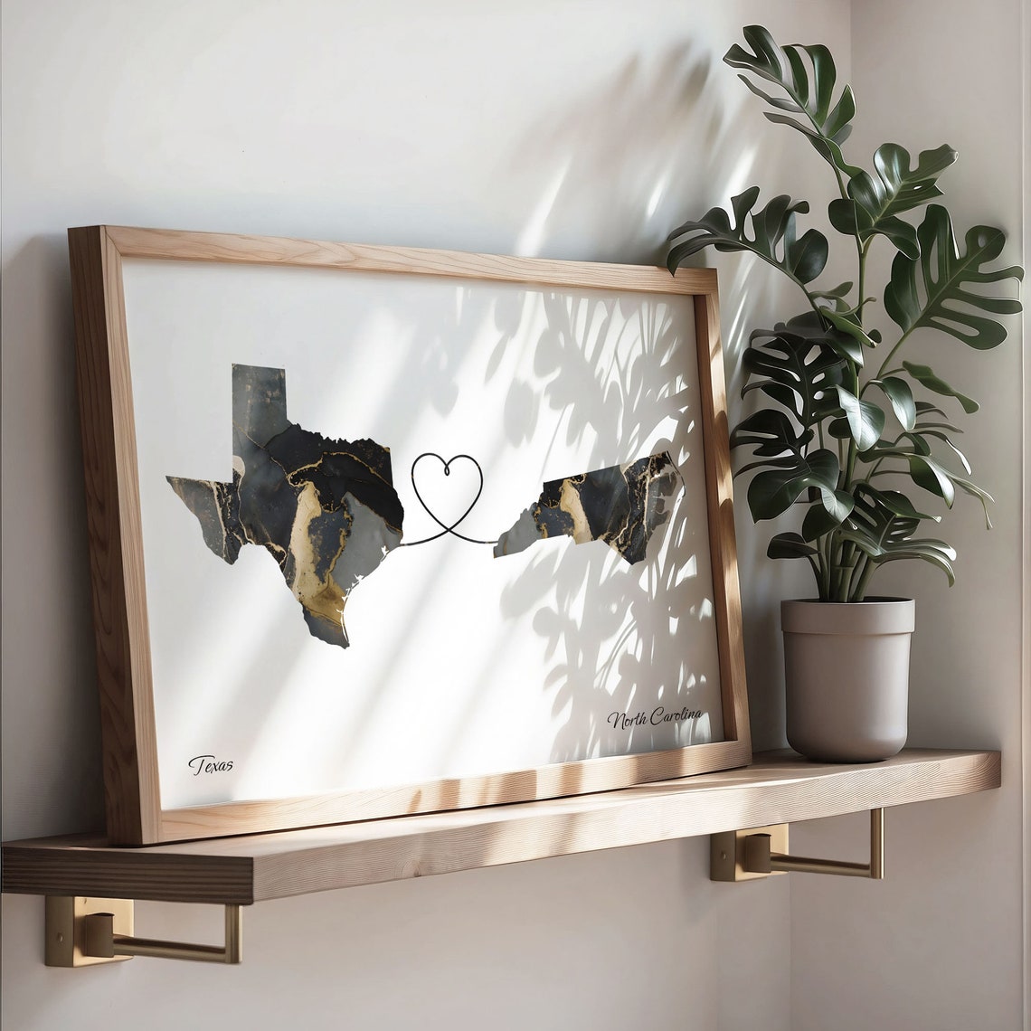 Texas North Carolina Long Distance Love Black Marble Heart Map Poster - Image 3