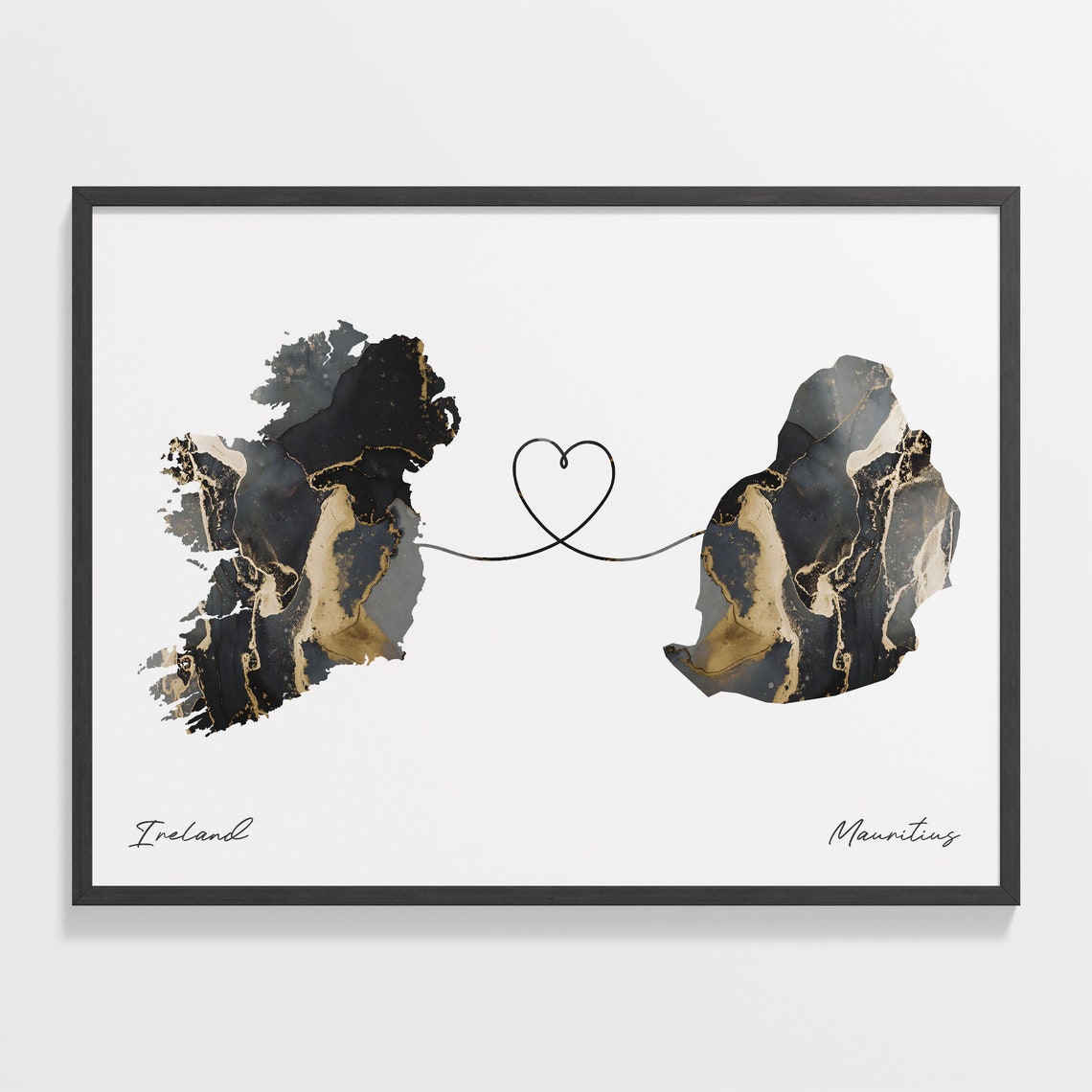 Ireland to Mauritius Heart Connected Long Distance Marble Map Poster