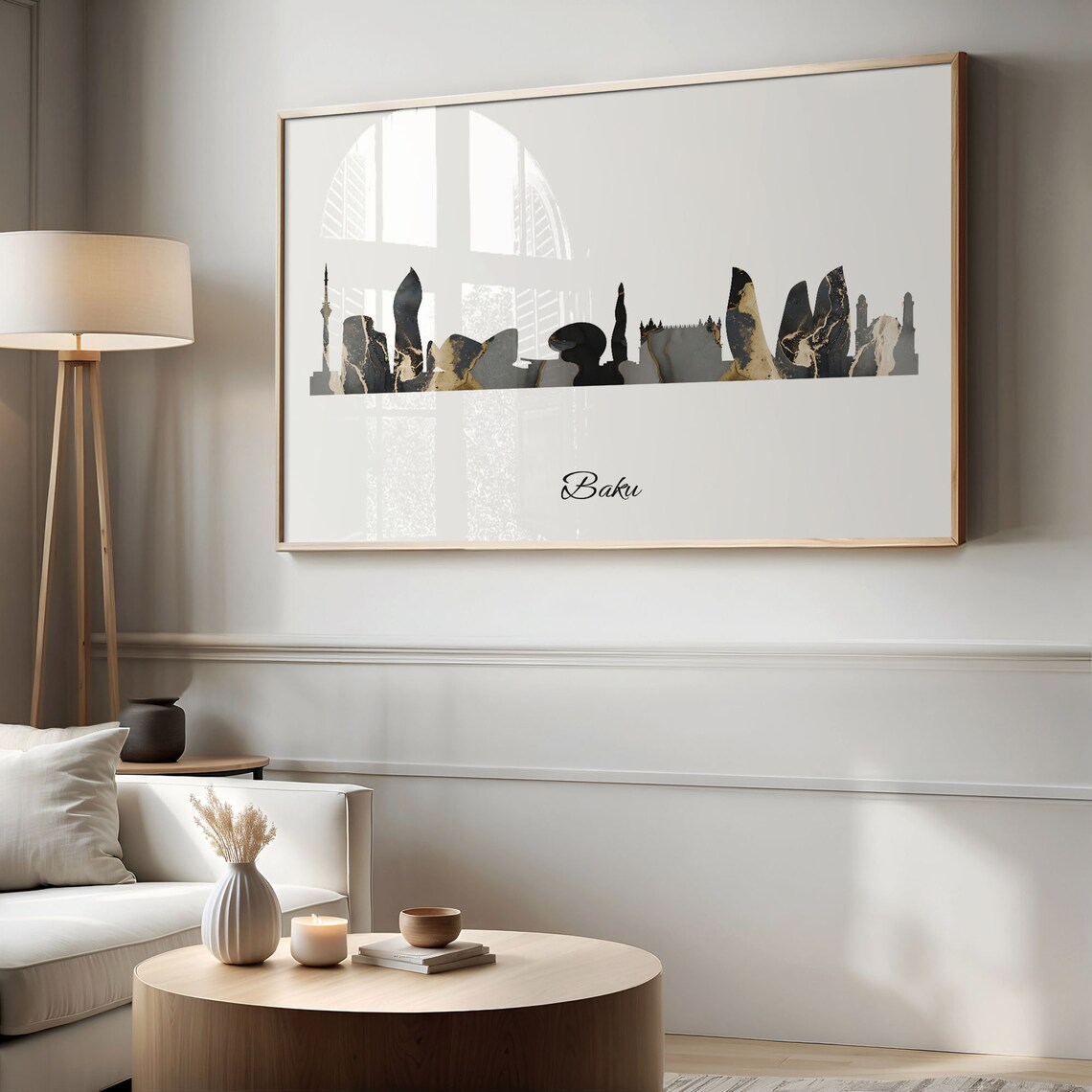 Baku Azerbaijan Black and Gold Marble Skyline Silhouette Art Poster - Image 2