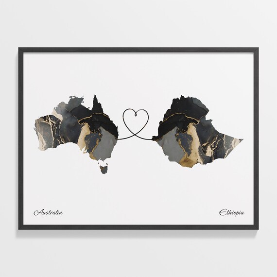 Australia and Ethiopia Two Countries Black Gold Marble Map Poster