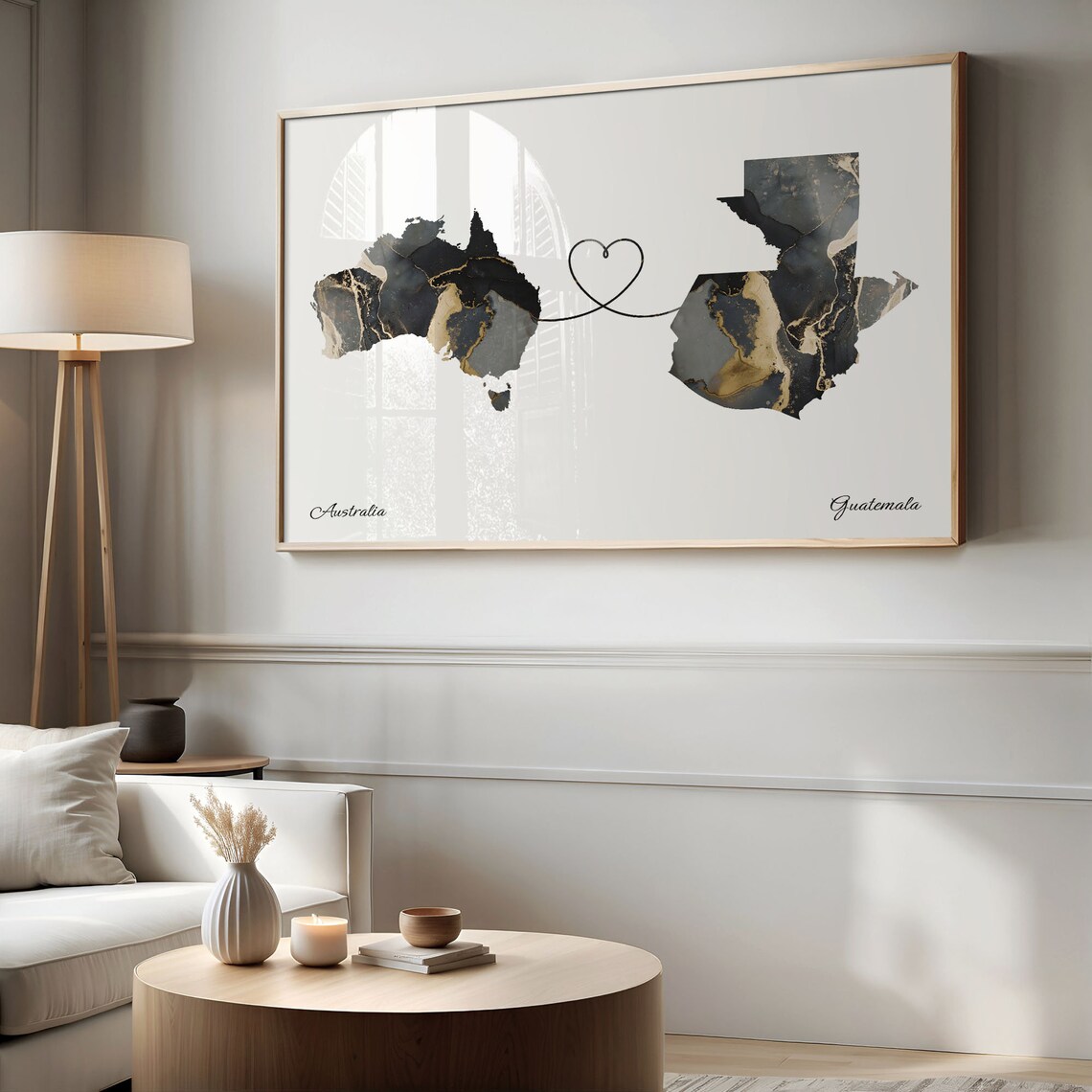 Australia To Guatemala Black Gold Marble Long Distance Heart Map Poster - Image 2