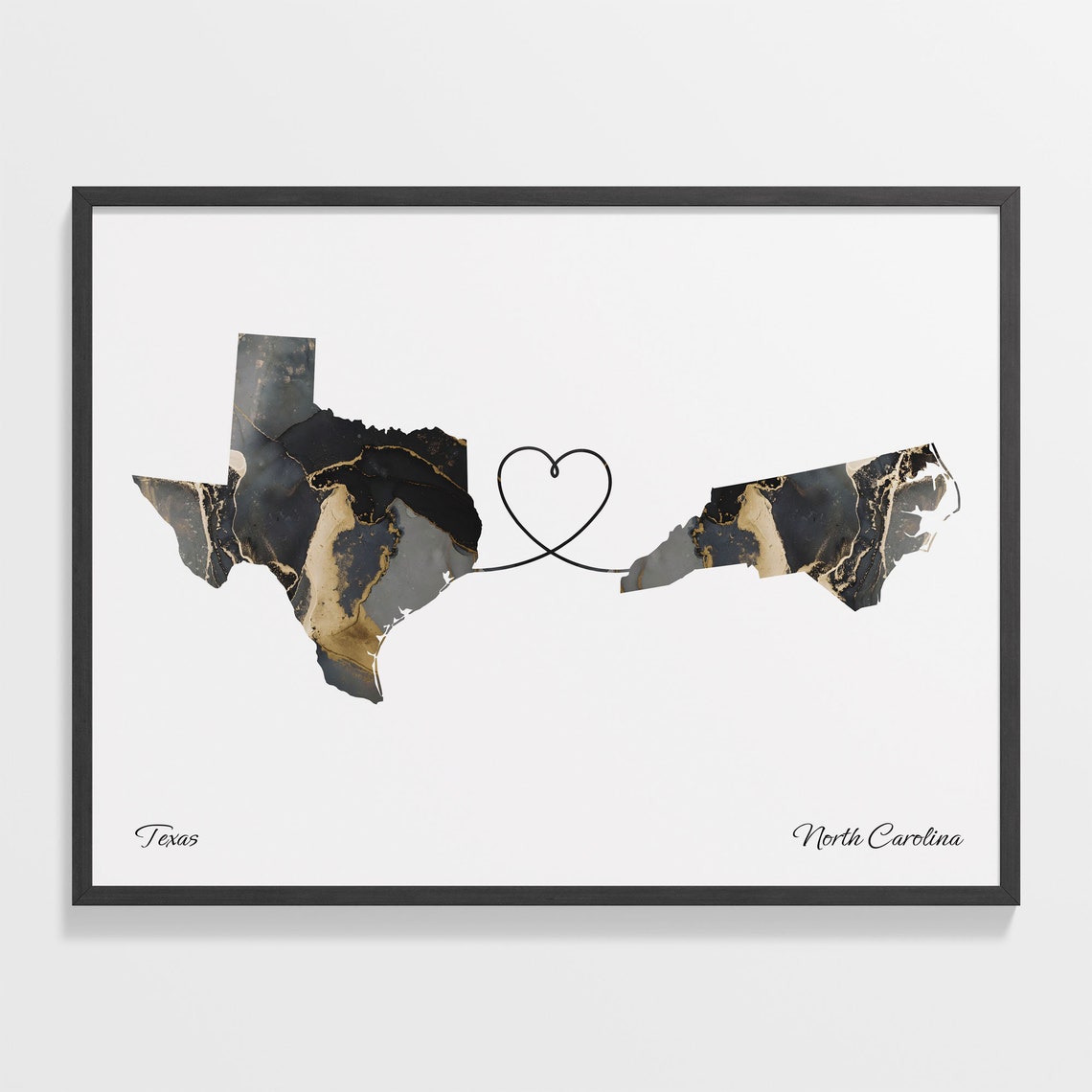 Texas North Carolina Long Distance Love Black Marble Heart Map Poster