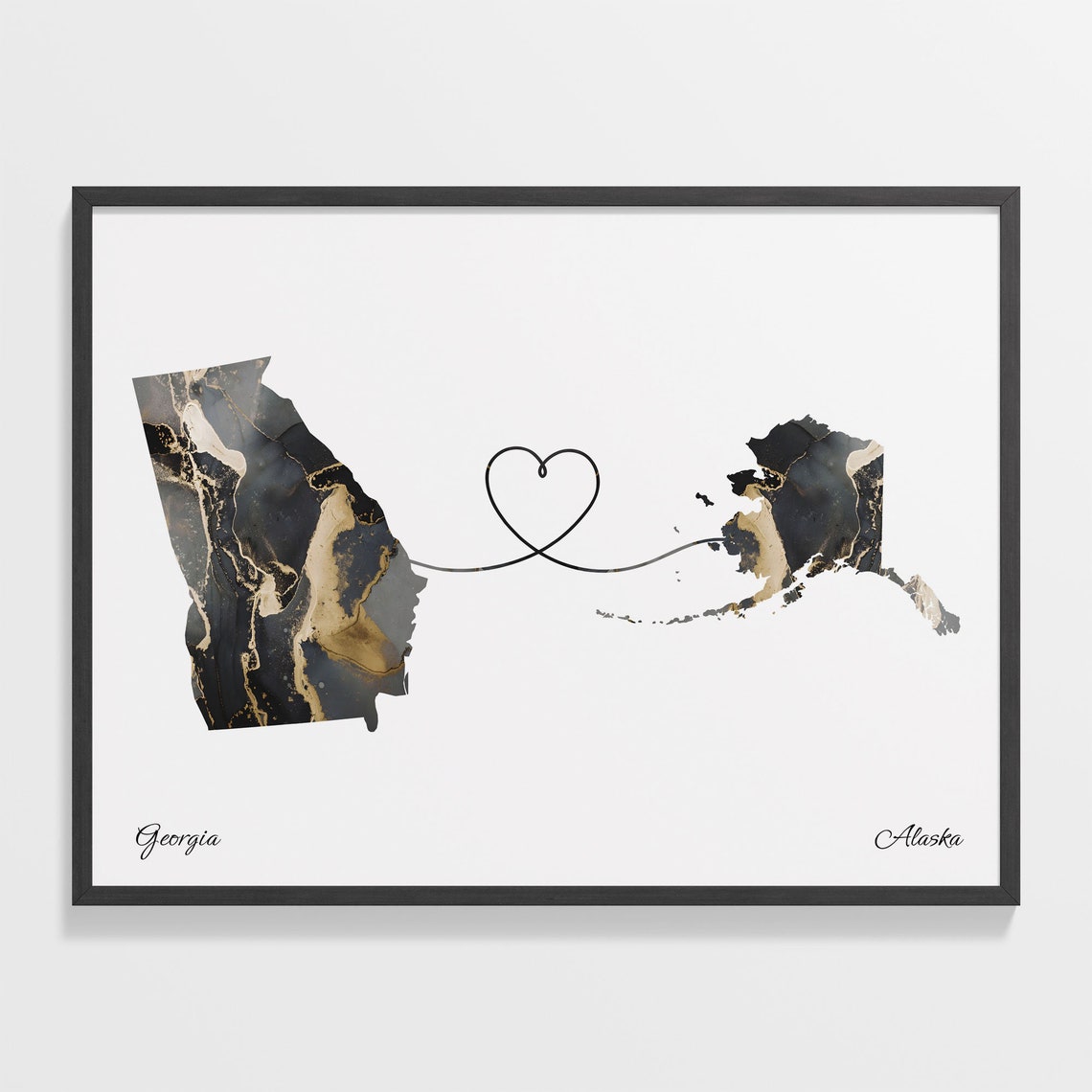 Georgia to Alaska Heart Connection Marble Map Keepsake Gift Poster