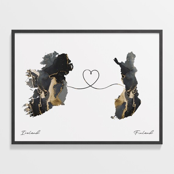 Ireland Finland Long Distance Love Black Marble Heart Map Poster
