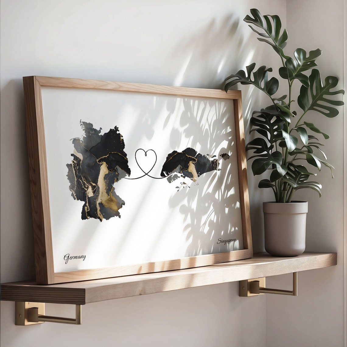 Germany to Singapore Black Gold Marble Heart Connection Map Poster - Image 3