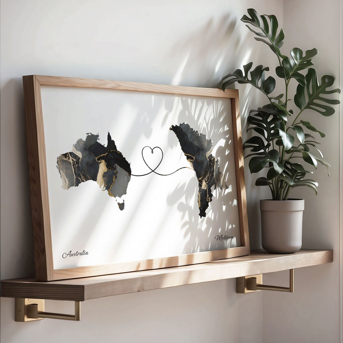 Australia Moldova Long Distance Love Black Marble Heart Map Poster - Image 3
