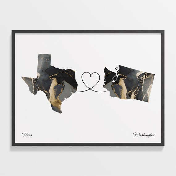Texas Washington Long Distance Love Black Marble Heart Map Poster