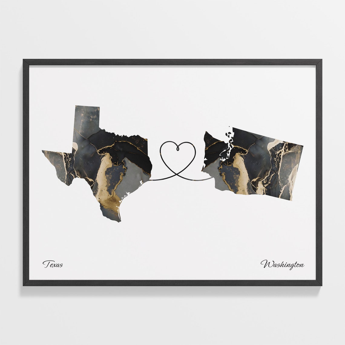 Texas Washington Long Distance Love Black Marble Heart Map Poster
