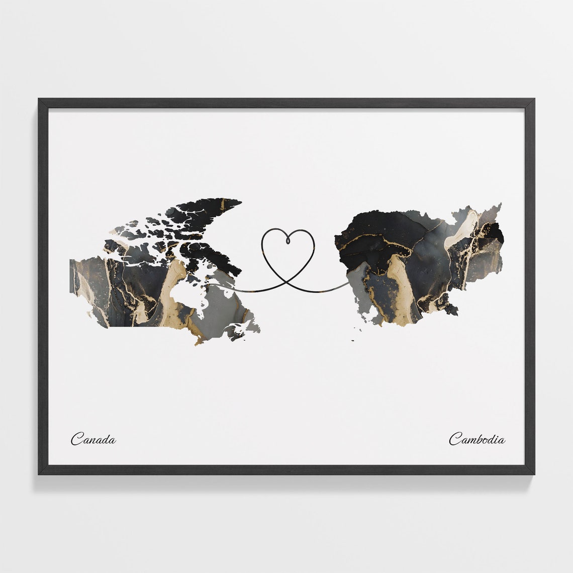 Canada to Cambodia Black Gold Marble Heart Connection Map Poster