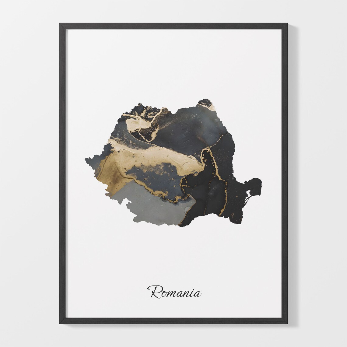 Romania Map Poster, Elegant Black And Gold Art Print