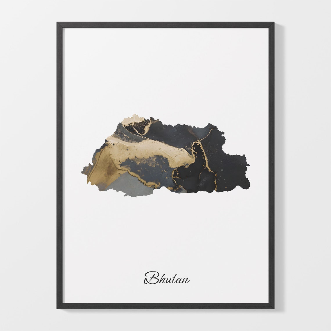 Bhutan Black and Gold Marble Silhouette Country Map Art Poster