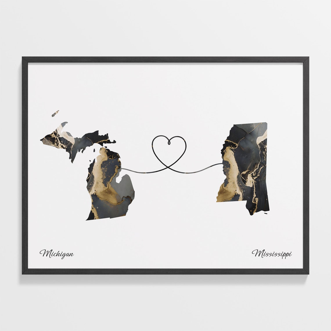 Michigan Mississippi Long Distance Black Gold Marble Heart Map Poster