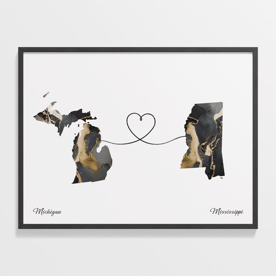 Michigan Mississippi Long Distance Black Gold Marble Heart Map Poster