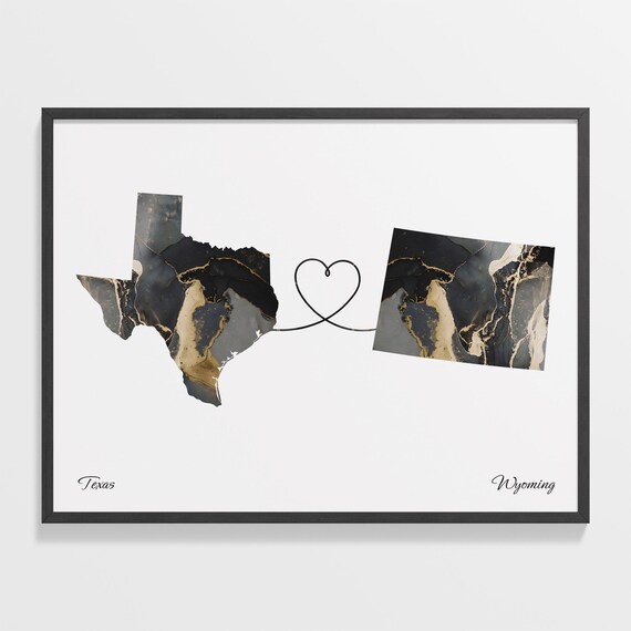 Texas and Wyoming Black Gold Marble Map Heart Connection Poster