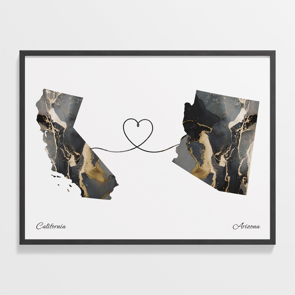 California to Arizona Black Gold Marble Map Heart Line Art Poster