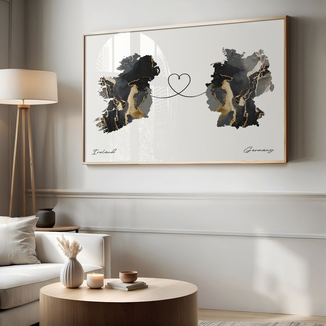 Ireland and Germany Black Gold Marble Heart Connection Map Poster - Image 2