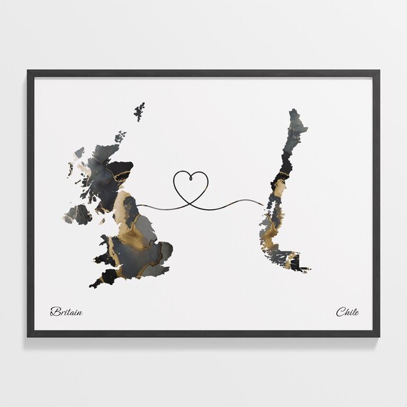 Britain to Chile Marble Heart Map Print Long Distance Relationship Gift