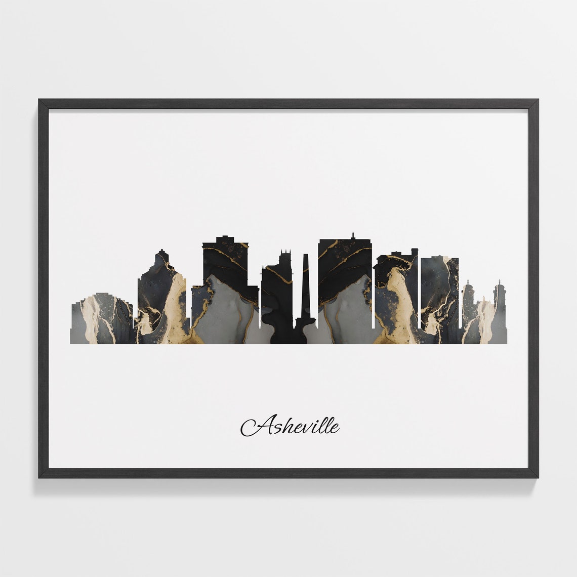 Asheville North Carolina Black Gold Marble Skyline Silhouette Poster