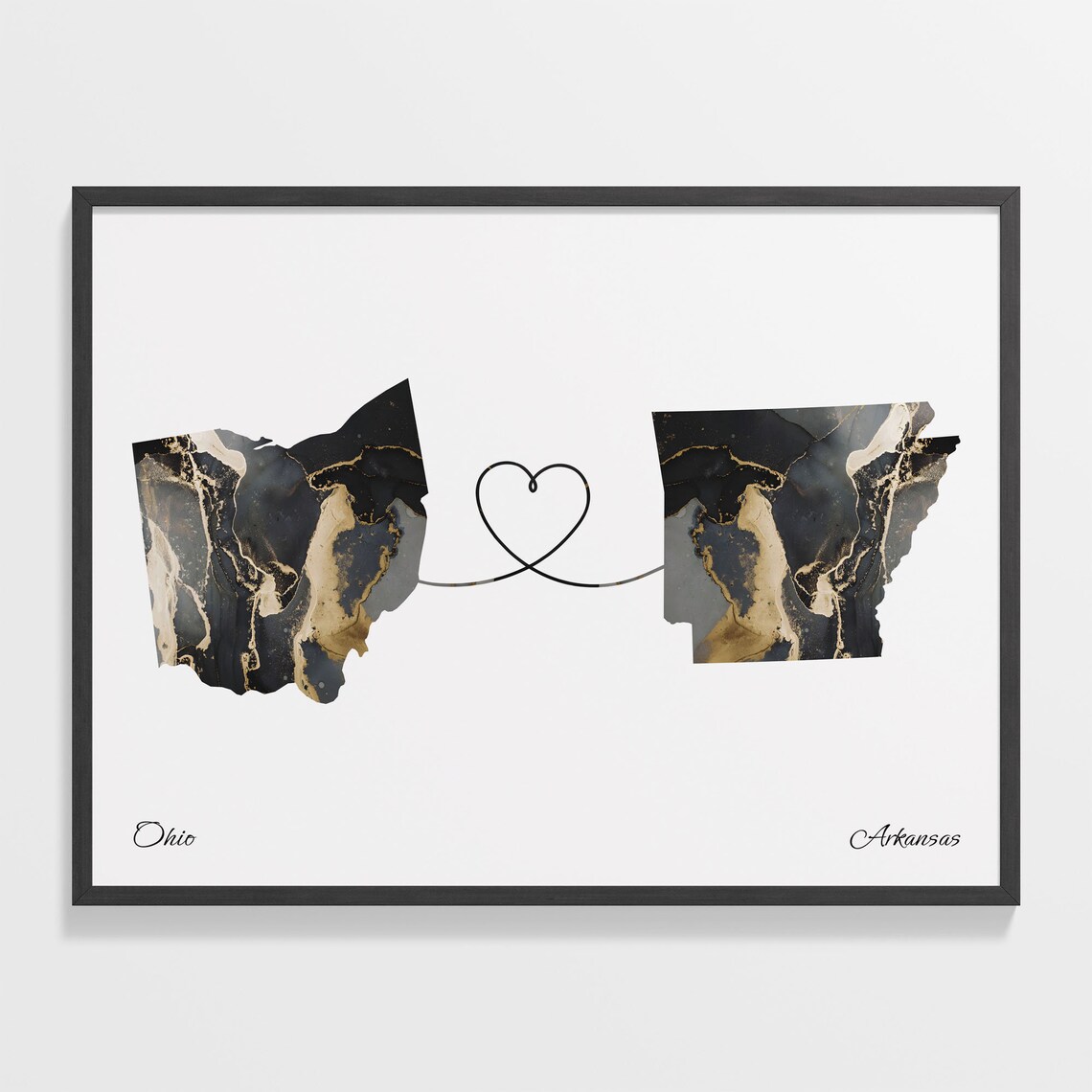 Ohio to Arkansas Black Gold Marble Map Heart Connection Poster