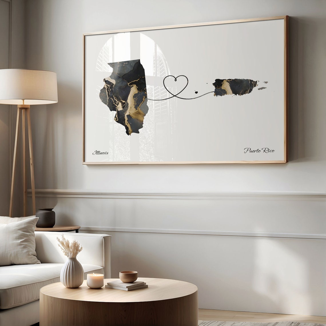 Illinois and Puerto Rico Connected Marble Heart Map Gift Poster - Image 2