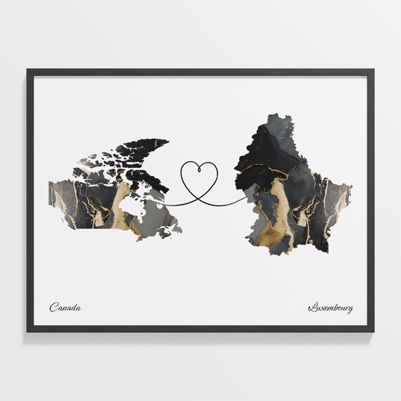 Canada to Luxembourg Black Gold Marble Heart Map Art Wall Poster