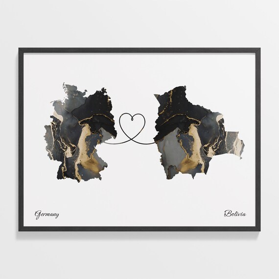 Germany and Bolivia Black and Gold Marble Heart Connection Map Poster