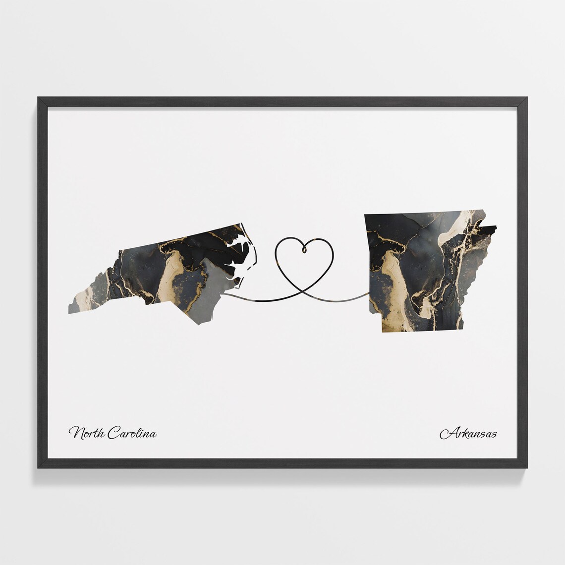 North Carolina Arkansas Long Distance Black Gold Marble Heart Map Poster