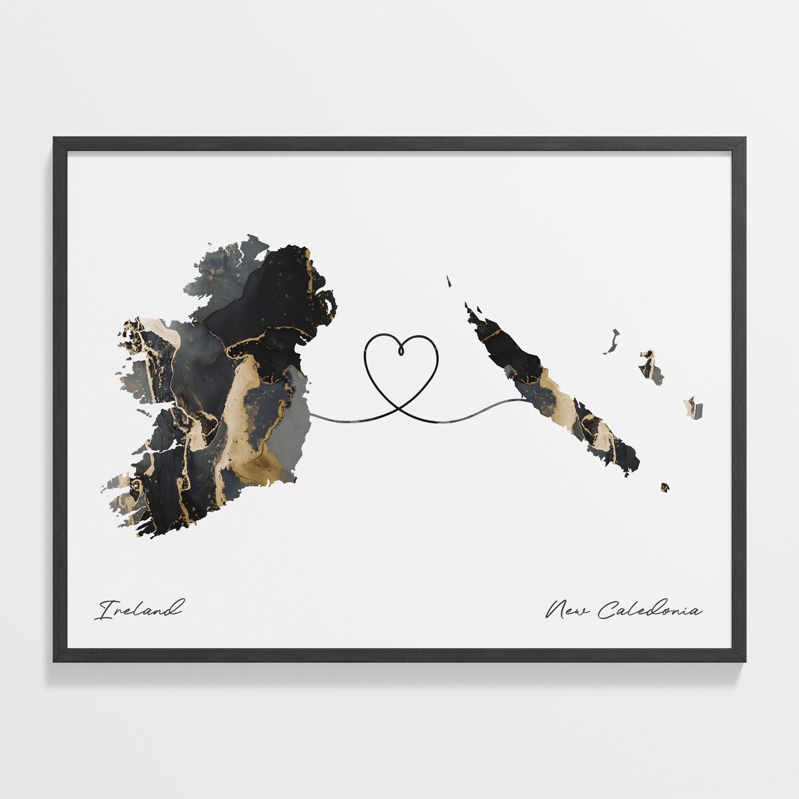 Ireland To New Caledonia Elegant Black Marble Two Country Heart Map Poster