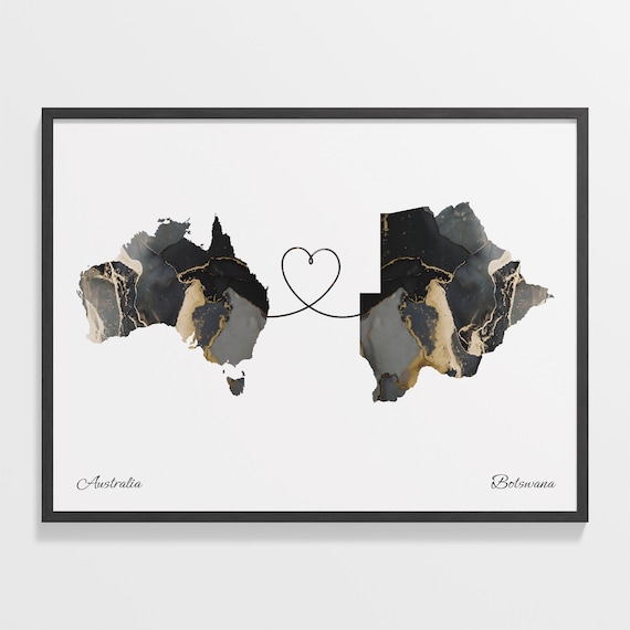 Australia to Botswana Black and Gold Marble Two Country Map Poster