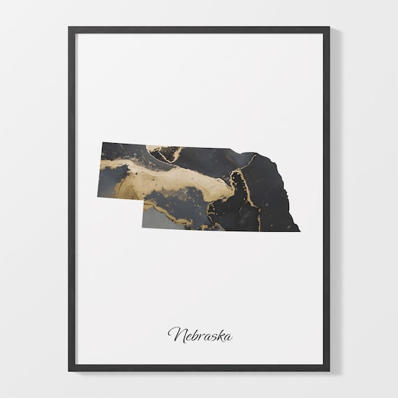 Nebraska Black and Gold Marble Silhouette State Map Art Poster