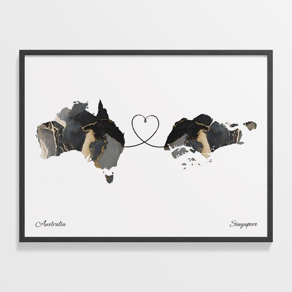 Australia Singapore Long Distance Love Heart Marble Map Gift Poster