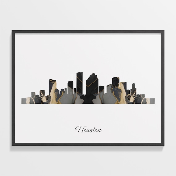 Houston Skyline Minimalist Black Gold Marble Cityscape Art Poster