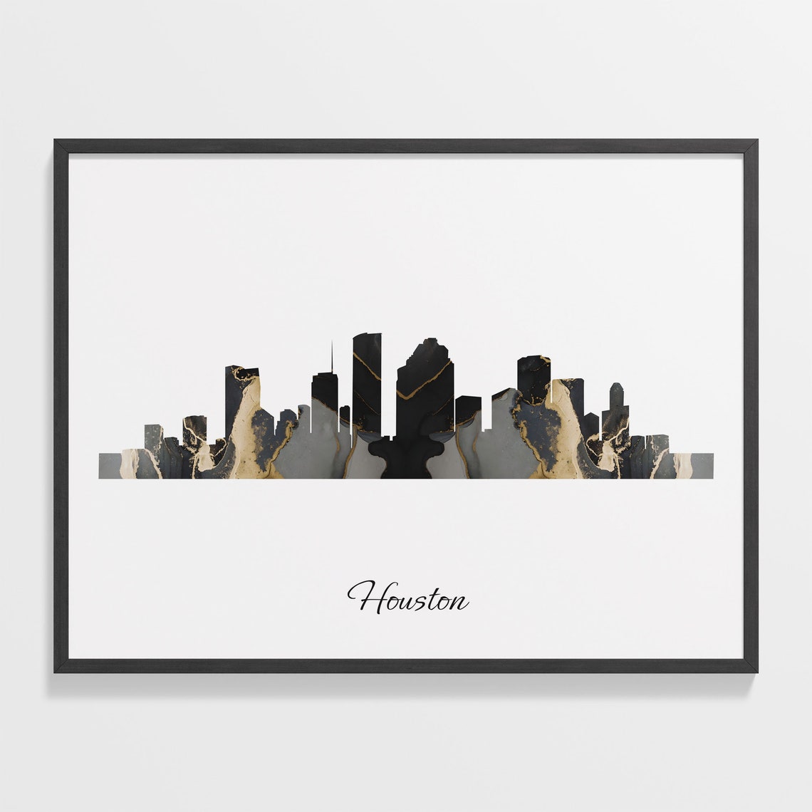 Houston Skyline Minimalist Black Gold Marble Cityscape Art Poster