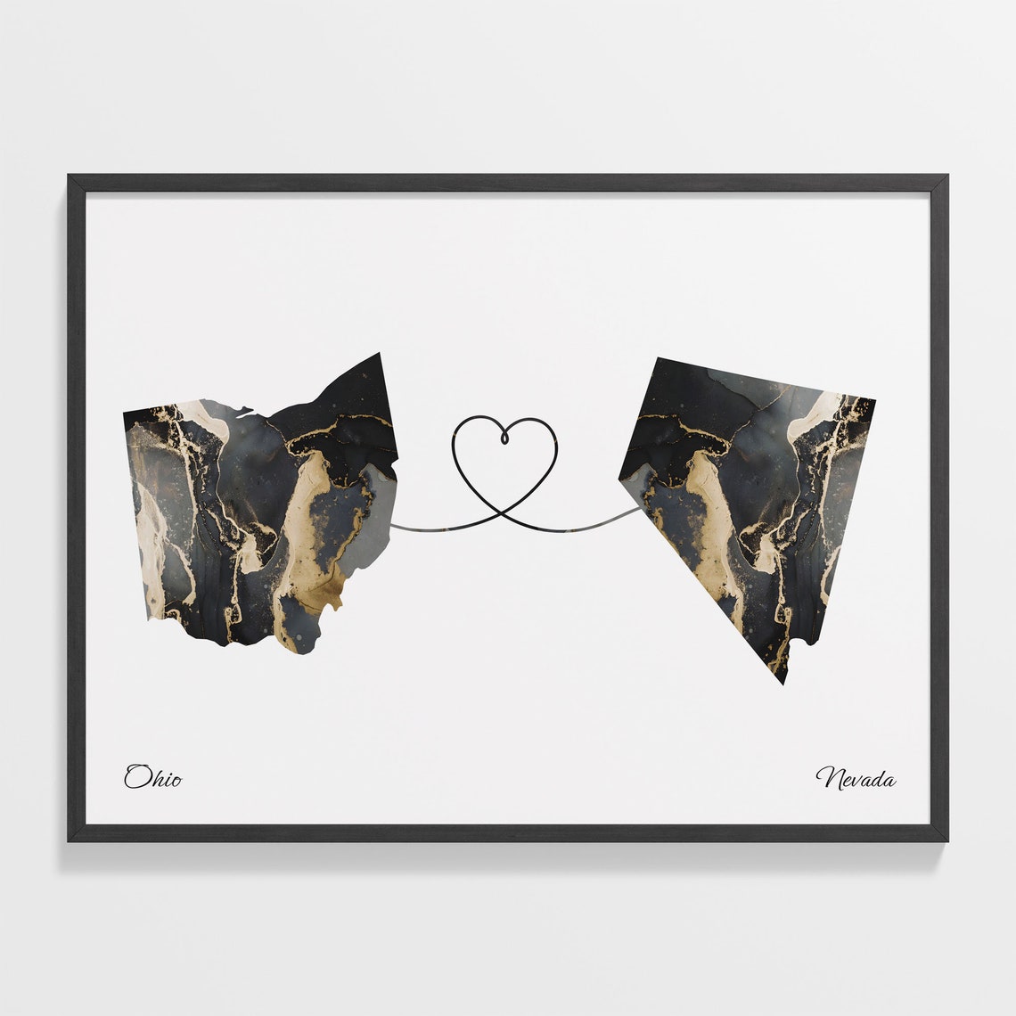 Ohio Nevada Long Distance Black Gold Marble Heart Map Poster