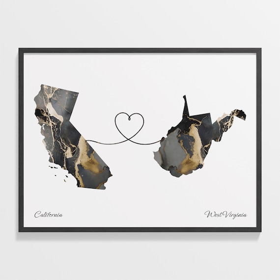 California to West Virginia Black Gold Marble Map Heart Line Art Poster